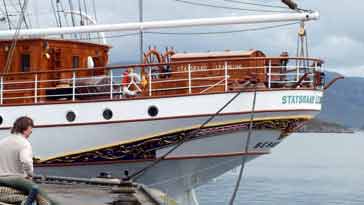 Along side the stern of the Tall Ship 'Statsraad Lehmkul'